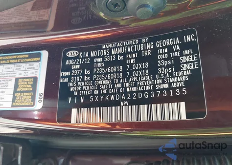 2013 Kia Sorento Sx V6 z USA, uszkodzony, nr VIN 5XYKWDA22DG373135